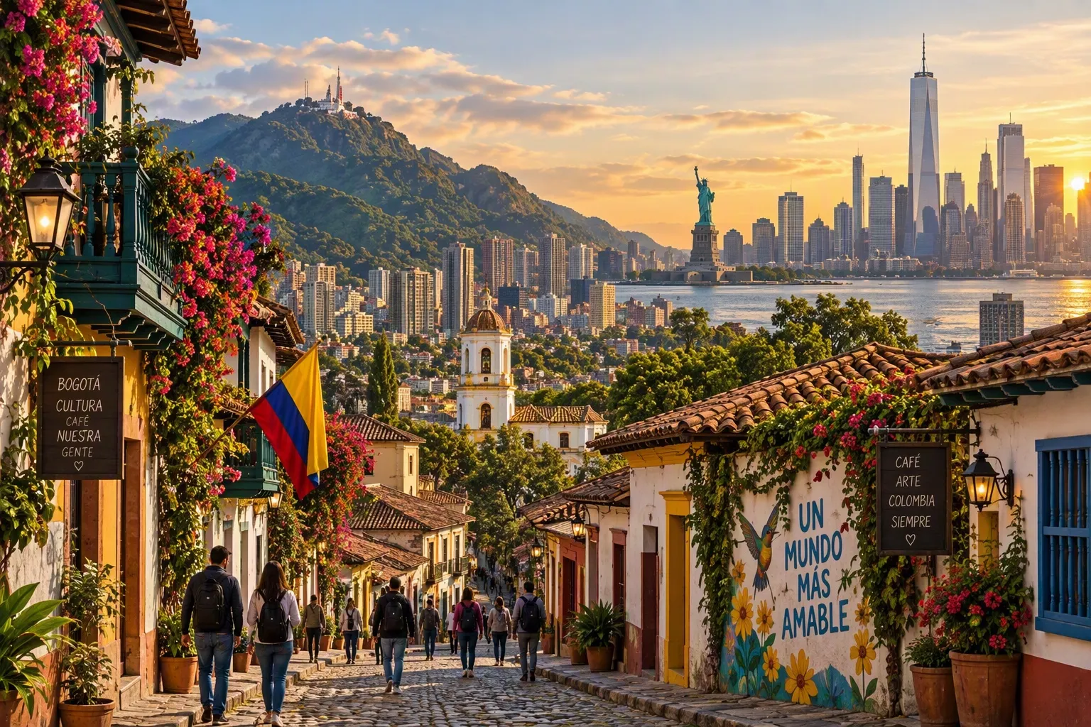 Una calle colonial de Colombia, con flores y la bandera tricolor, que desemboca en el skyline de Nueva York con la Estatua de la Libertad al atardecer